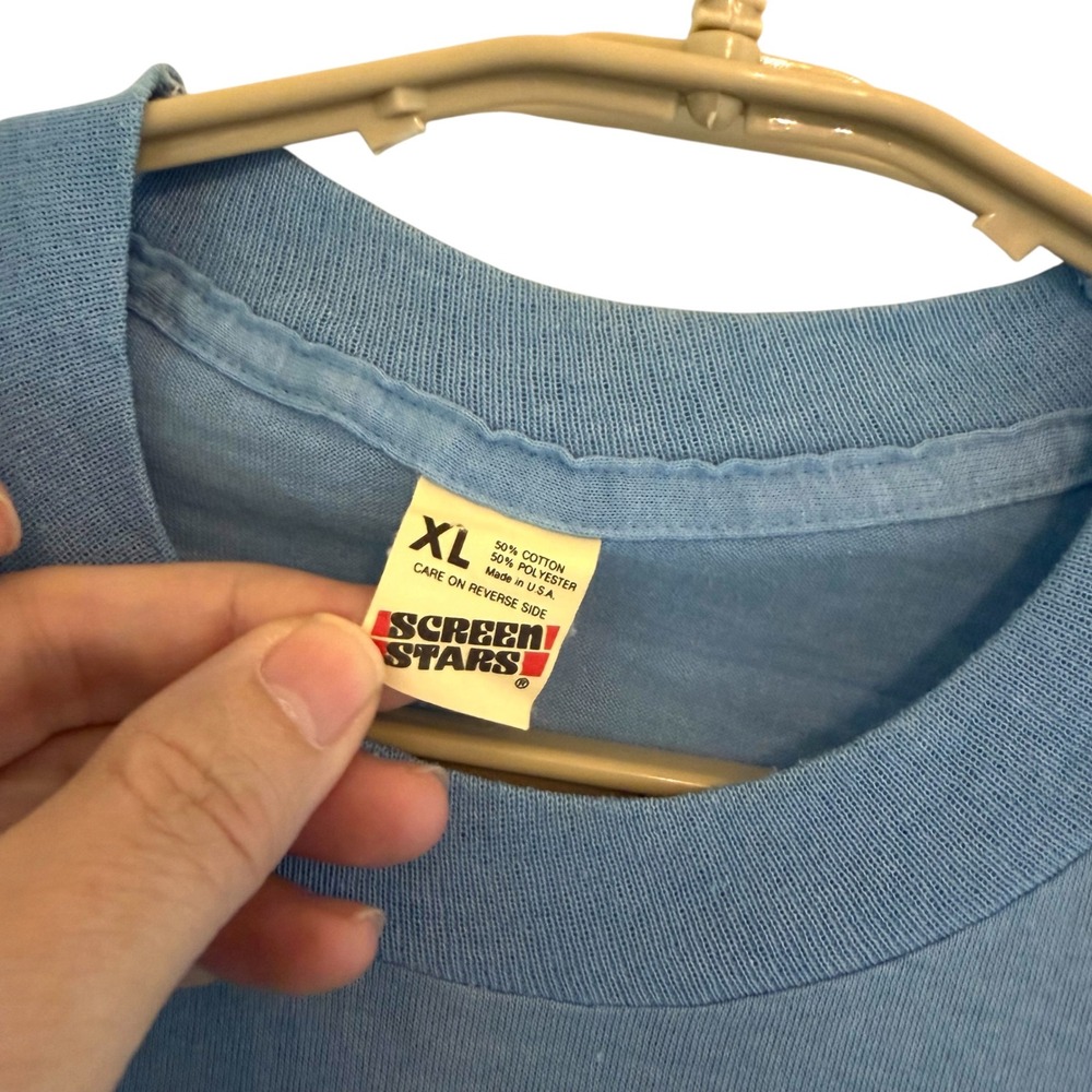VTG 80s Screen Stars Dont Worry Be Happy T-Shirt Blue XL Fit M Single Stitch USA - Picture 2 of 10